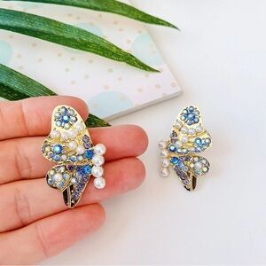 CLEARANCE Butterfly Wing Blue Purple Crystal Earrings Faux Pearl Bohemian NEW